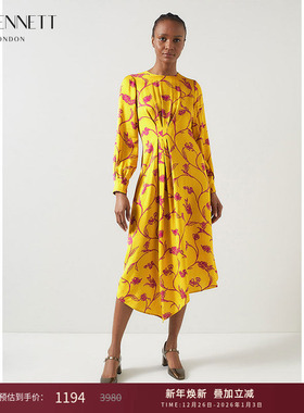 lkbennett黄色印花连衣裙女秋新款圆领长袖褶皱不规则下摆