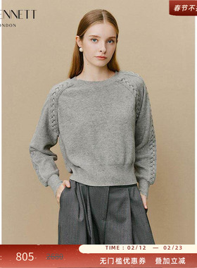 LK BENNETT灰色针织100%绵羊毛冬新款毛衣套头罗纹针织衫