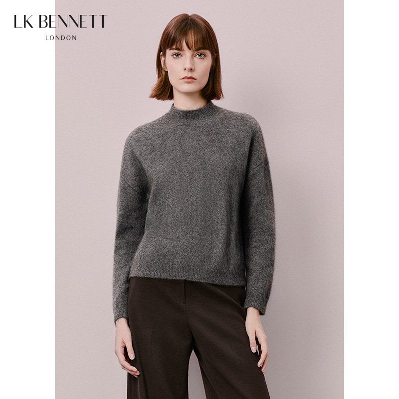 LK BENNETT纯色高级灰色圆领毛衣新款牦牛绒套头针织衫