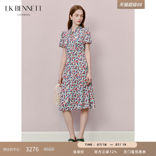 lkbennett法式 印花连衣裙2025年夏新款 系带翻领收腰优雅中长款
