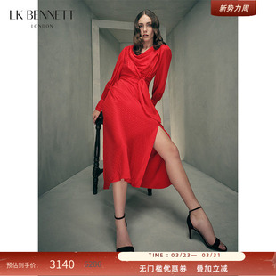 小礼服 荡领收腰开叉设计长袖 BENNETT红色暗纹连衣裙秋新款