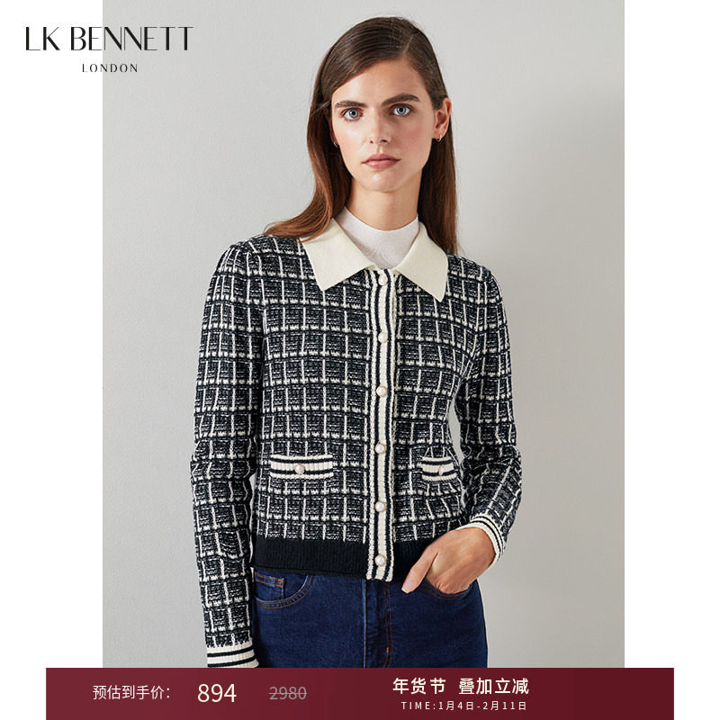 LK BENNETT黑色格子法式短款针织开衫女新款春翻领毛衣小外套