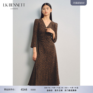 【朱珠同款】LK BENNETT棕色印花真丝连衣裙长款v领收腰优雅气质