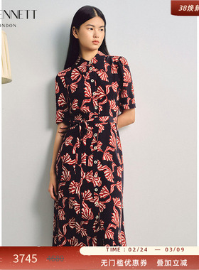 LK BENNETT红色印花真丝连衣裙女夏短袖收腰衬衫裙长裙桑蚕丝气质
