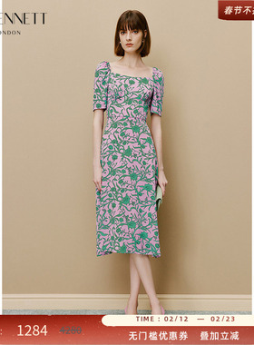 LK BENNETT紫色方领连衣裙女新款夏季收腰显瘦气质印花茶歇裙