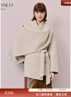 LK BENNETT米色羊毛大衣2025年冬新款时尚中长款围巾领毛呢外套