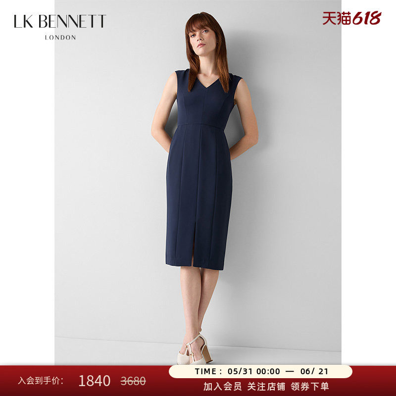 LK BENNETT深蓝色无袖连衣裙秋季新款简约v领气质通勤收腰