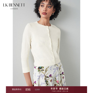LK BENNETT白色纯棉针织开衫女春23新款圆领短款柔软外搭裙子薄款