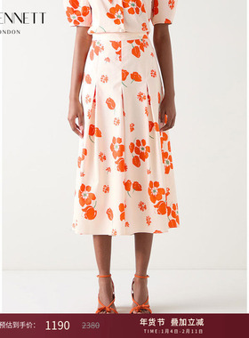 LK BENNETT橙色半身裙裤2025年夏新款印花压褶设计气质中长款