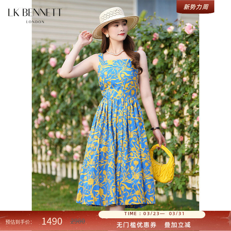 LK BENNETT蓝色纯棉印花吊带连衣裙夏新款方领收腰法式优雅
