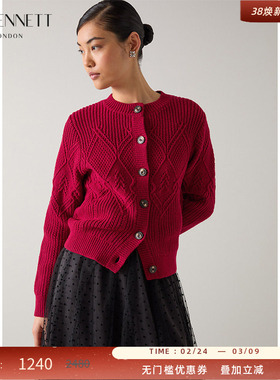 LK BENNETT红色针织开衫2025冬新绵羊毛时尚百搭粗针扭花编织外套