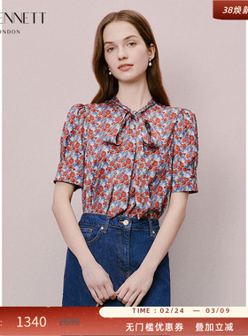 LK BENNETT红色印花上衣2025年夏新款系带领短袖法式优雅衬衫