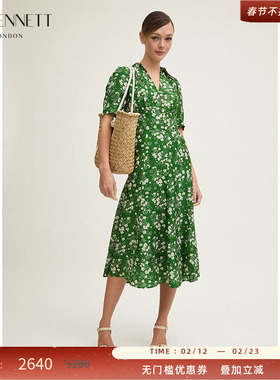 LK BENNETT绿色印花连衣裙2025年春新款v领精致珠扣泡泡袖茶歇裙