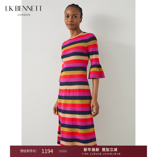 lkbennett彩色条纹连衣裙秋新款 圆领撞色设计 复古喇叭袖