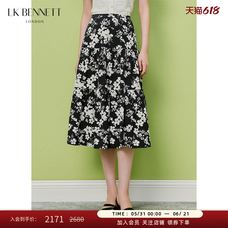 LK BENNETT深蓝印花半身裙女2026夏季新款法式显瘦a字碎花半裙