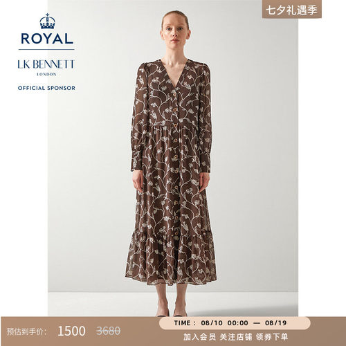 【赛马会】LK BENNETT棕色v领印花连衣裙女优雅褶皱单排扣长裙