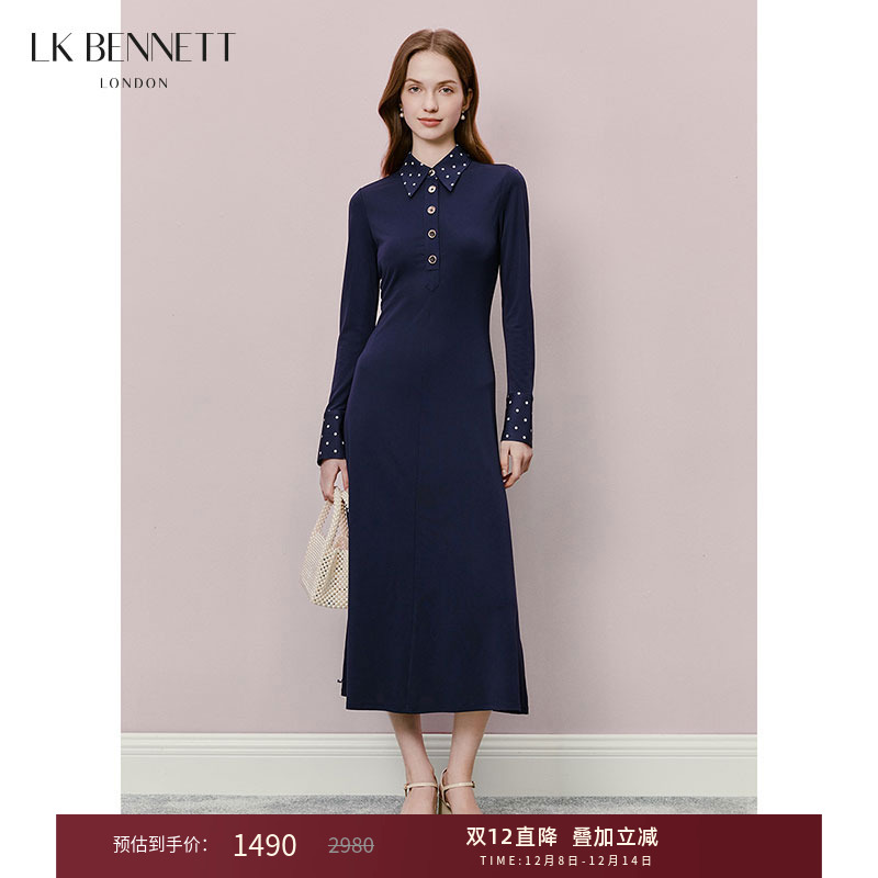 lkbennett深蓝色连衣裙2025年春新款复古波点拼接POLO领修身长袖