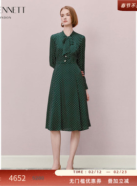 【凯特王妃同款】LK BENNETT绿色真丝连衣裙女春长袖蝴蝶结桑蚕丝