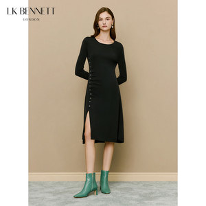 LK BENNETT黑色绵羊毛连衣裙女冬新款排扣设计感开叉中长裙