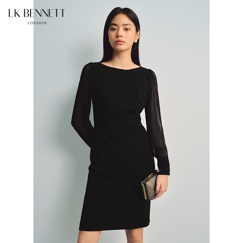 LK BENNETT黑色连衣裙女春23新款简约气质收腰短款西装裙拼接长袖