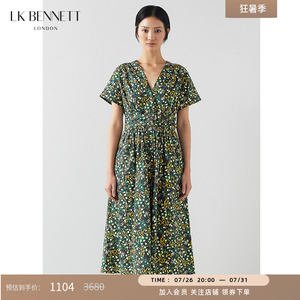 LK BENNETT绿色v领碎花短袖连衣裙女夏新款收腰气质中长裙子