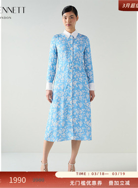 LK BENNETT蓝色连衣裙2025年秋季新款撞色印花衬衫领长袖连衣裙