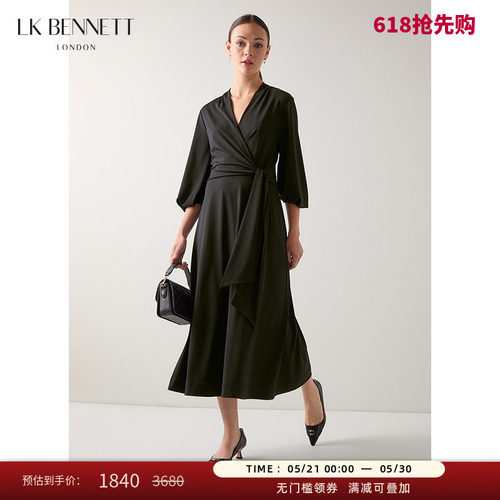 LK BENNETT黑色连衣裙秋新款v领不对称设计a字型中长款