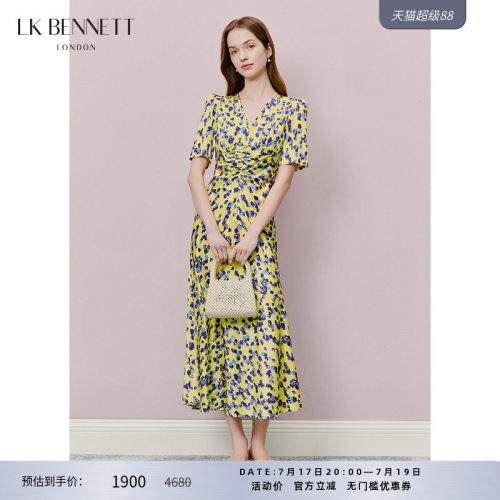 夏季法式V领收腰抽褶连衣裙