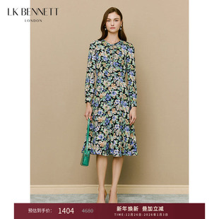 lkbennett绿色花卉印花裙冬新款 精致珠扣领部蝴蝶结系带