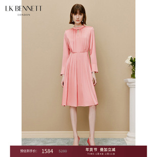 LK BENNETT粉色真丝连衣裙女新款春夏法式优雅长袖桑蚕丝礼服