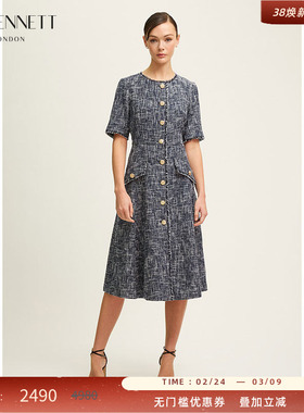 LK BENNETT深蓝色小香风连衣裙女2025年春新款金属单排扣气质A字