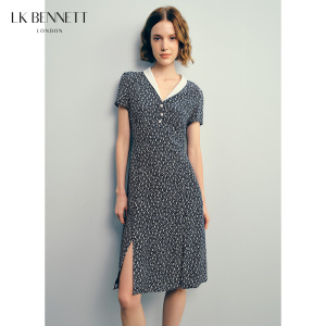 【真丝】LK BENNETT深蓝印花连衣裙收腰气质桑蚕丝显瘦开衩中裙