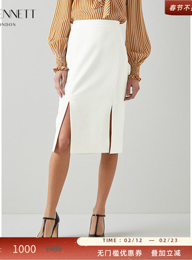 LK BENNETT白色通勤西装半身裙女新款高腰修身一步裙中裙开衩