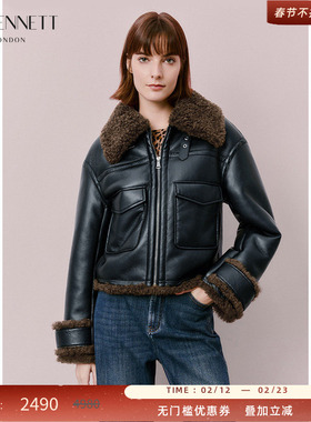 LK BENNETT黑色短外套女2025冬新款polo翻领拼接撞色夹克外套