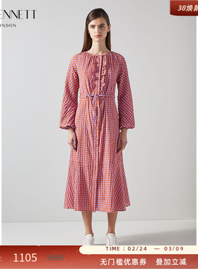 LK BENNETT红色格子连衣裙女春新款棉纺长袖宽松文艺风长裙
