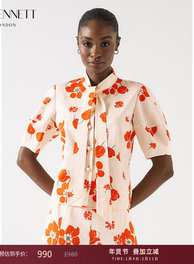 LK BENNETT橙色印花衬衫2025年夏新款气质飘带领设计花苞袖短款