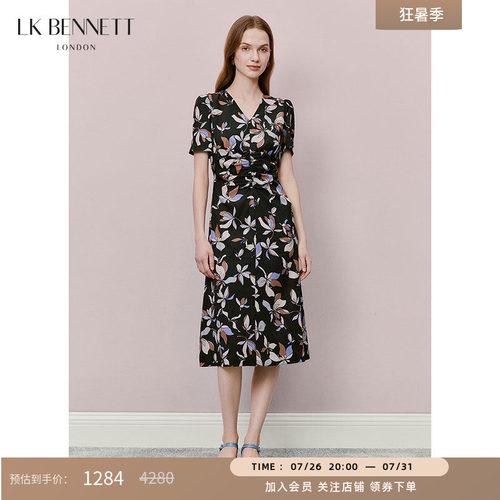 LK BENNETT黑色印花连衣裙夏新款连衣裙碎花V领气质