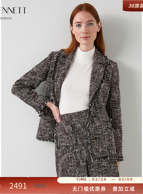 LK BENNETT黑色小香风西装外套2025秋新款一粒扣花纱毛边气质通勤