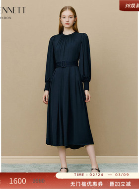 【胡杏儿同款】LK BENNETT深蓝色泡泡袖连衣裙腰带圆领收褶设计