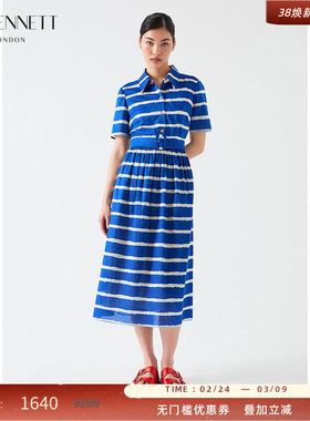 LK BENNETT蓝色纯棉翻领连衣裙2025年夏季新款条纹短袖口袋衬衫裙