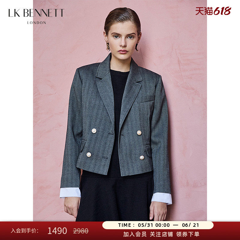 LK BENNETT灰色小西服冬季新款通勤西装领英伦双排扣短款外套