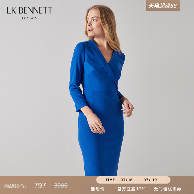 lkbennett蓝色正装连衣裙女春秋长袖v领修身职场通勤西装裙长款