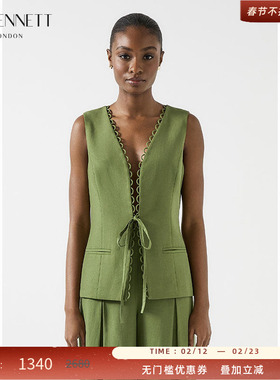 LK BENNETT绿色马甲外套女2025年夏季新款无袖芽边系带简约通勤