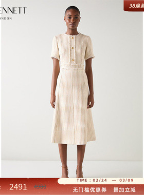 LK BENNETT米色小香风连衣裙2025年秋季新款女圆领花纱粗花呢收腰