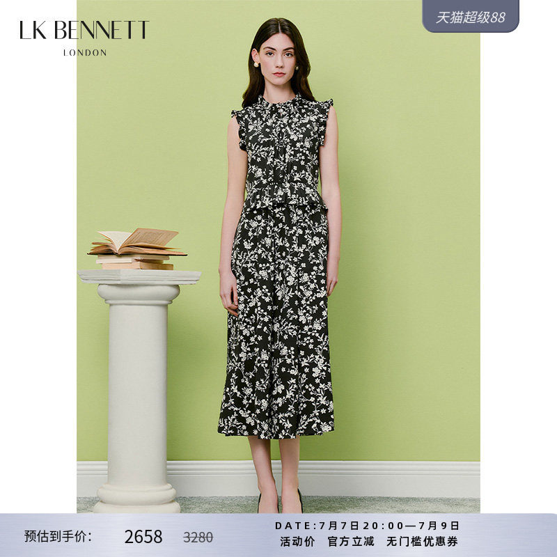 LK BENNETT黑色连衣裙2026夏季新款法式花边领印花收腰无袖茶歇裙