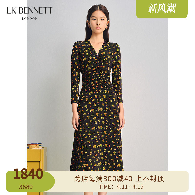 【朱珠同款】lkbennett黑色碎花连衣裙女春v领收腰优雅印花长裙