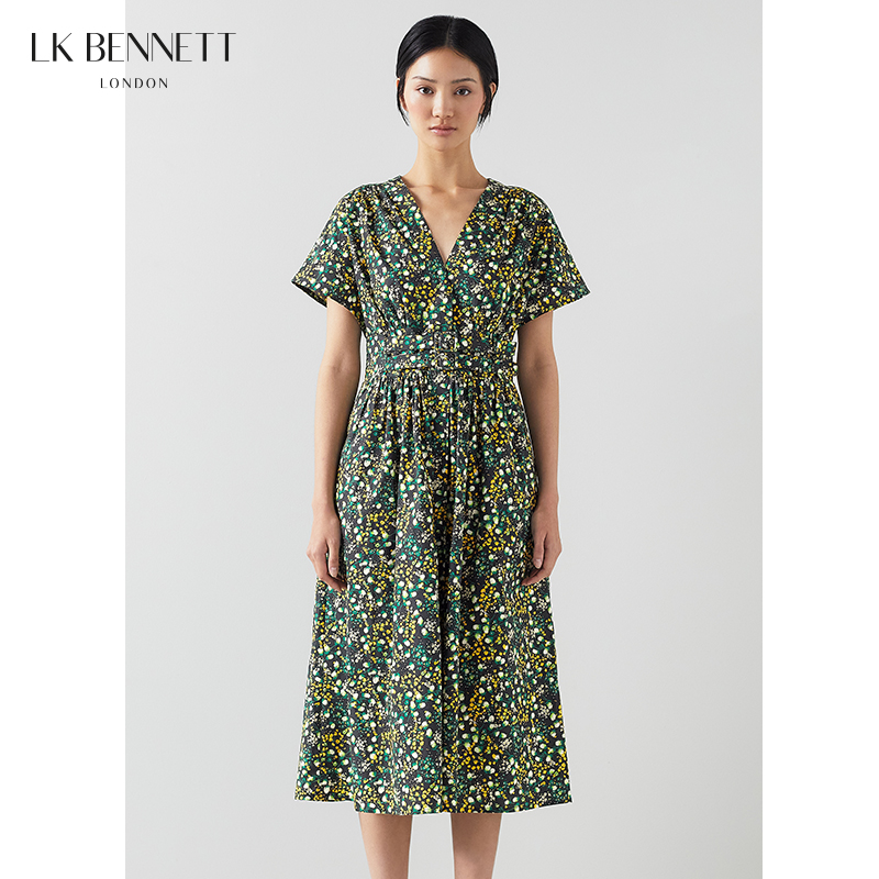 lkbennett绿色v领碎花短袖连衣裙女夏新款收腰气质中长裙子