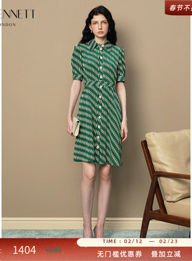 LK BENNETT绿色polo领连衣裙女新款法式短袖收腰显瘦衬衫裙