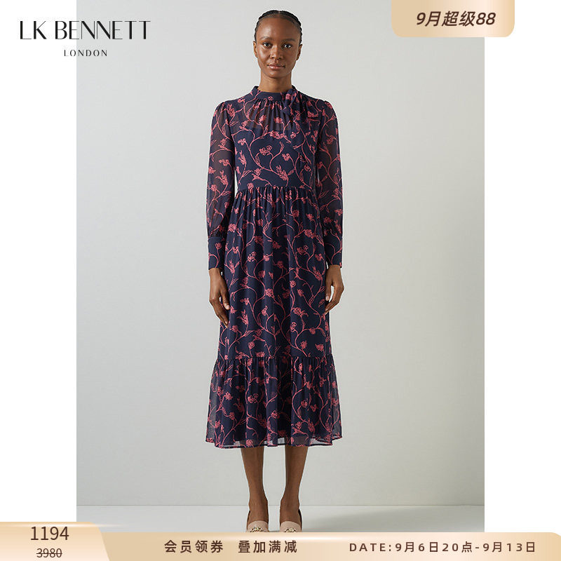 LK BENNETT深蓝印花连衣裙女秋新款圆领丝带蝴蝶结长袖百搭