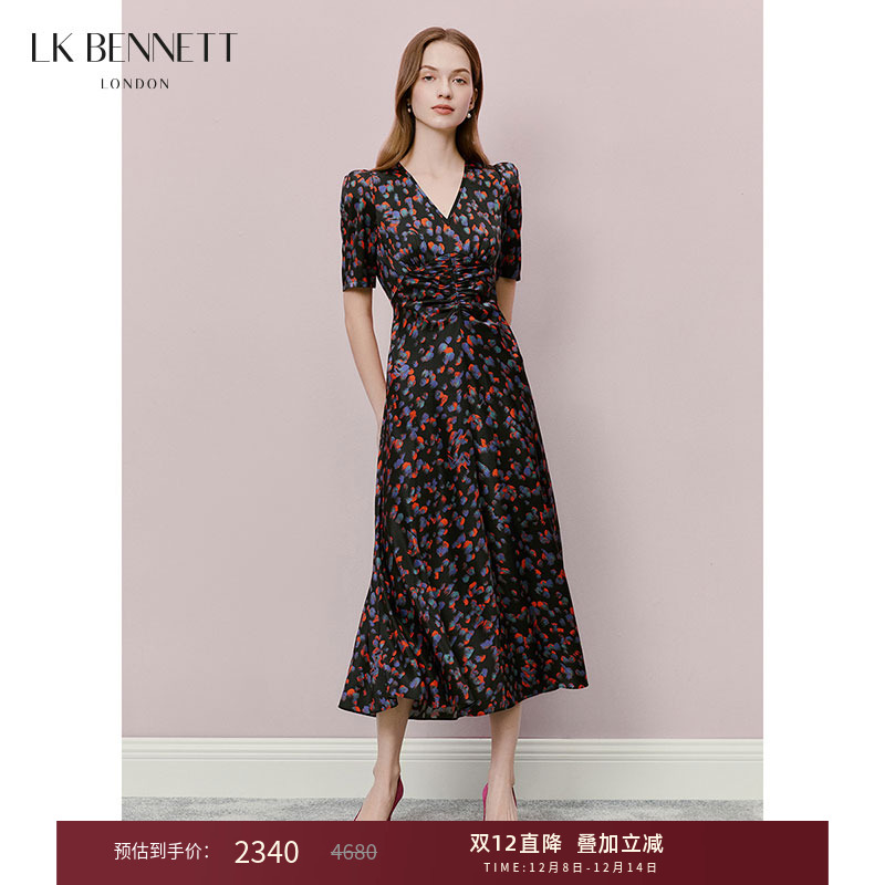 lkbennett黑色连衣裙2025年夏新款褶裥抽褶A字摆气质优雅泼墨印花
